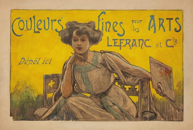 Eugène-Charles-Paul Vavasseur (1863-1949), projet de panneau publicitaire et de couverture de catalogue représentant une femme à la palette, vers 1900-1905, fusain et détrempe sur papier, morceaux de papier rapportés et collés pour le lettrage